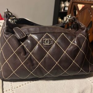 CHANEL Brown Quilted Leather Shoulder Bag with Contrast Stitching